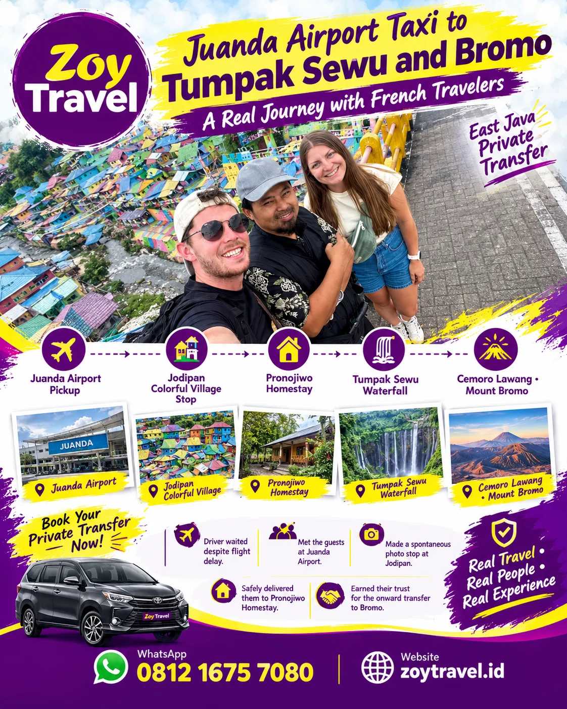 French traveler and Zoy Travel driver enjoying Jodipan Colorful Village in Malang during a private transfer from Juanda Airport to Tumpak Sewu